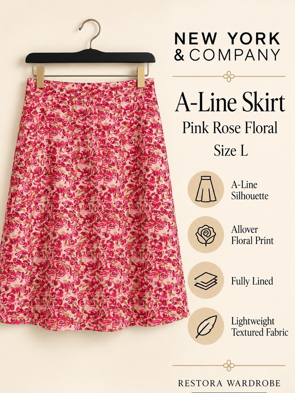New York & Company A-Line Skirt Pink Rose Floral Lined Feminine Size L